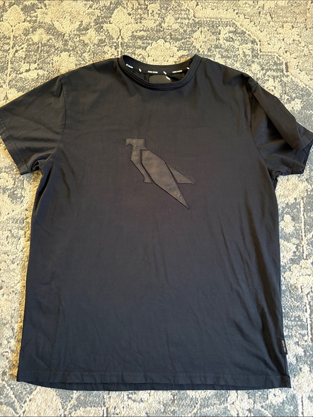 Stone Falcon Mens Black Graphic T-Shirt Satin Falcon Logo Tee Large